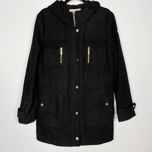 Michael Michael Kors Womens 14 Black Wool Blend Hooded Peacoat Jacket Gold - Picture 1 of 12